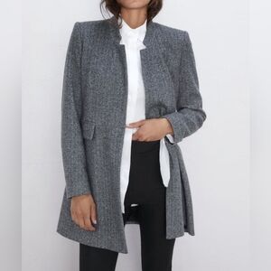 Zara‎ Gray Cotton Blend Herringbone Inverted Lapel Frock A-line Coat Size Small